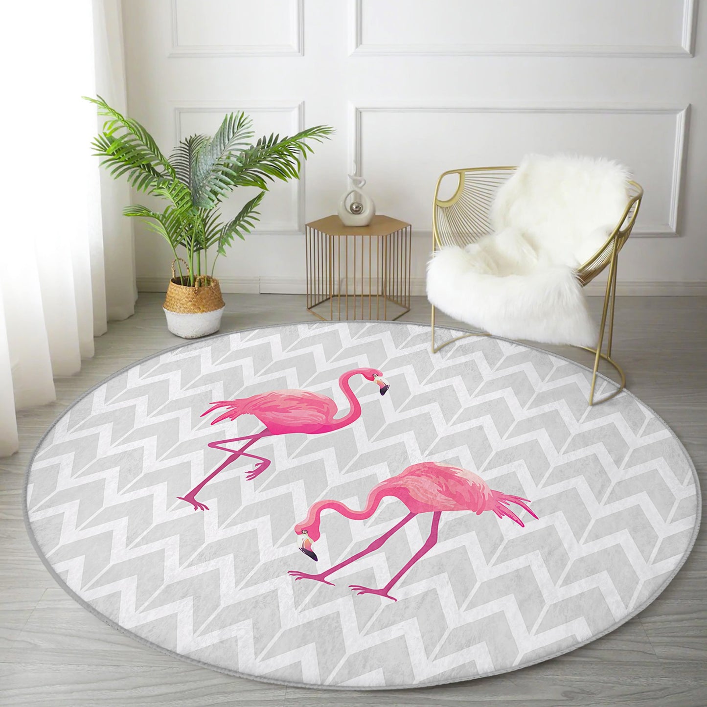 Flamingo Pattern Grey Color Washable Round Rug - Main View