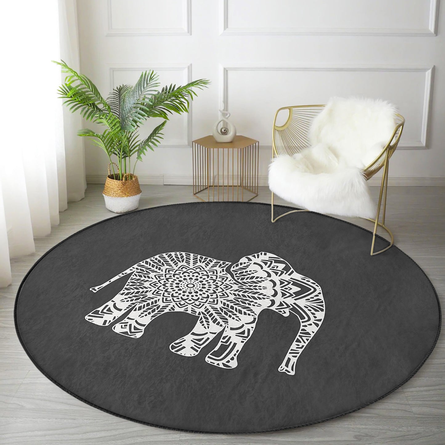 Mandala Pattern on Elephant Printed Washable Round Rug - Main View