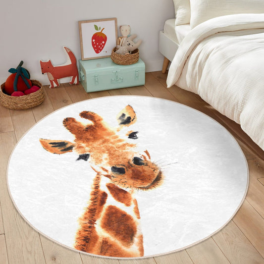 Cute Giraffe Pattern Kids Room Decorative Washable Round Rug - Main View