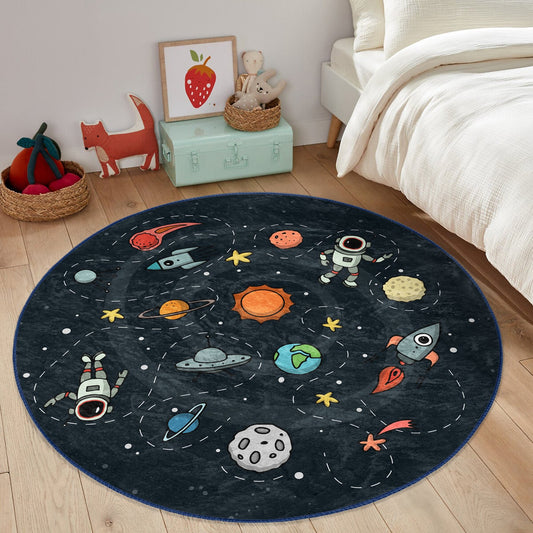 Astronaut and Space Rocket Printed Kids Room Washable Round Rug - Main View