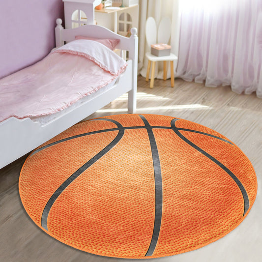 Basketball Ball Printed Kids Room Decorative Washable Round Rug - Main View
