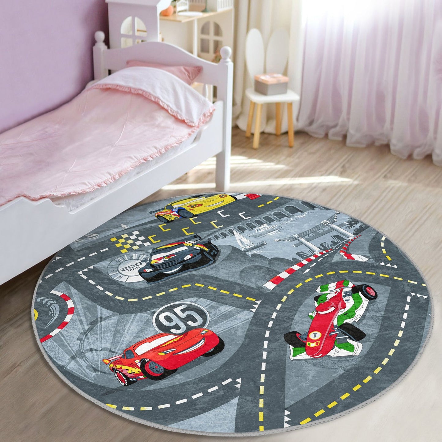 Rug with Race Cars and Roads Design for Boys' Play Area