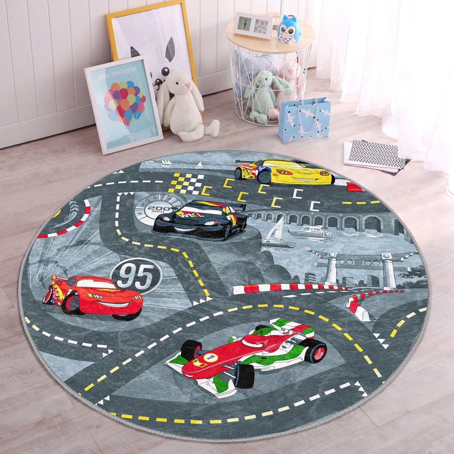 Race Cars and Roads Printed Boys' Room Washable Rug