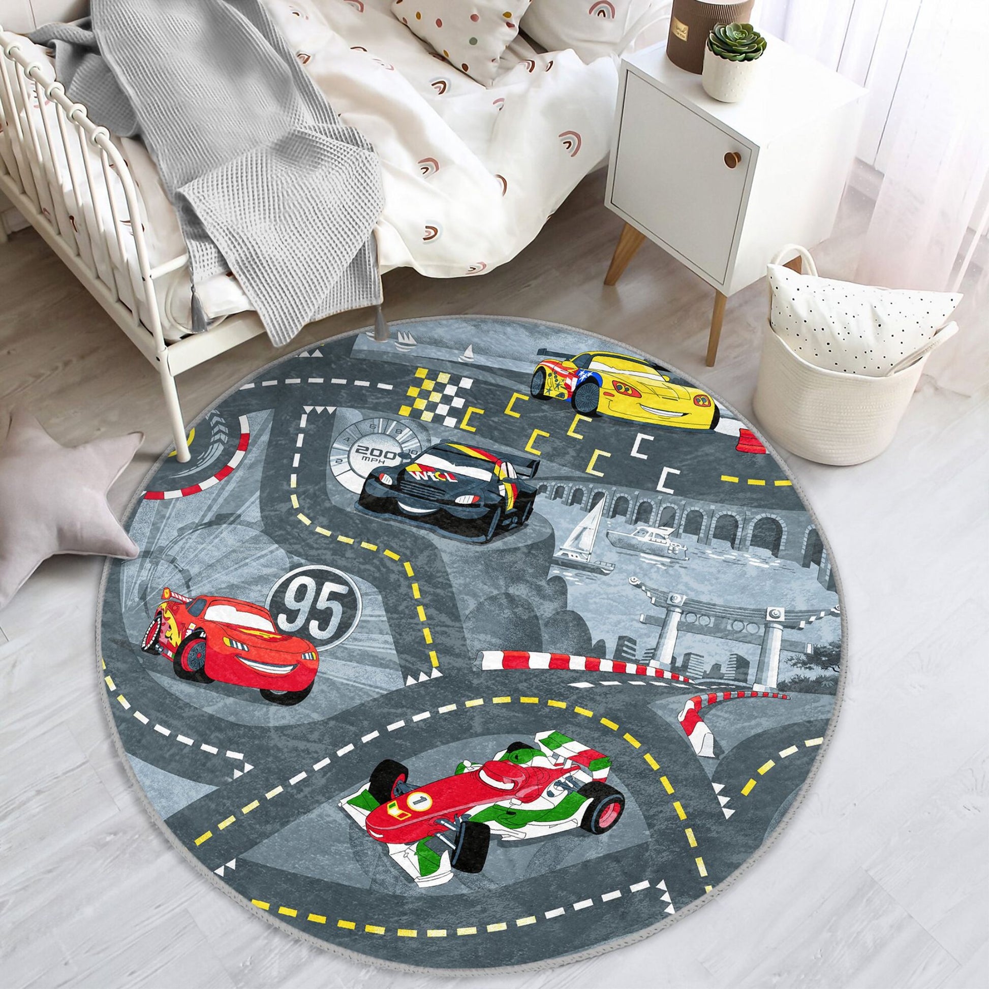 Educational Rug with Race Cars and Road Design