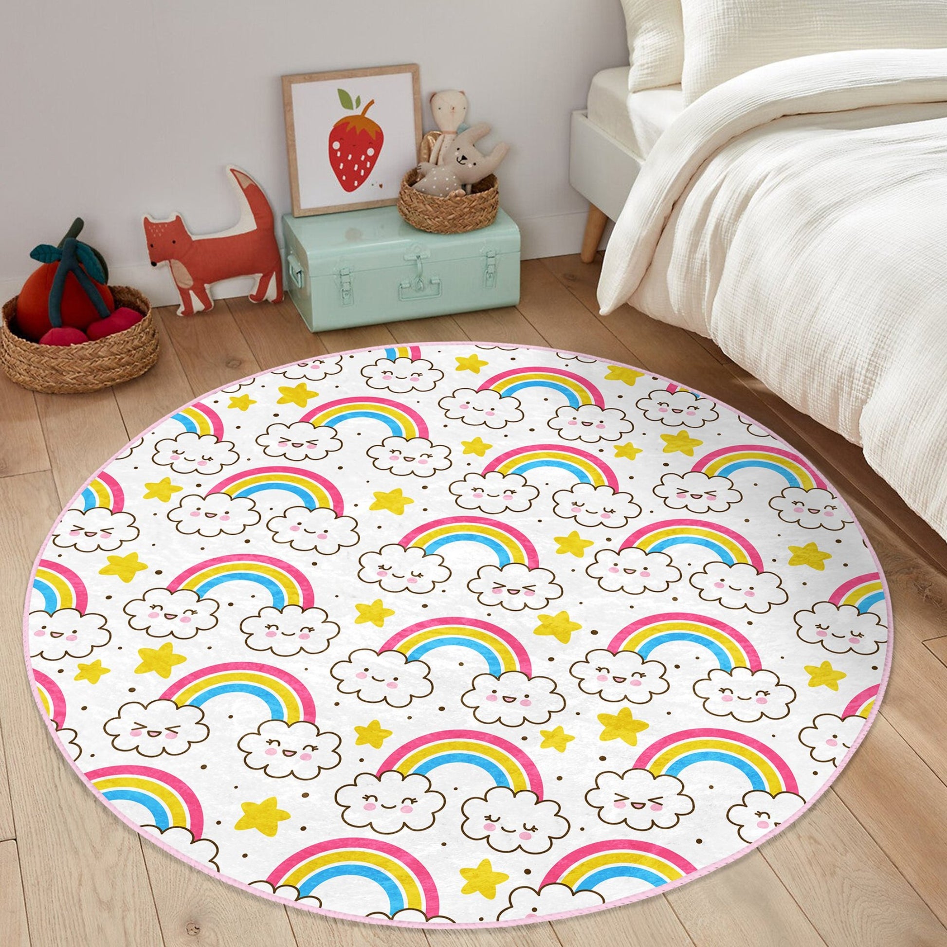 Rug with Cheerful Cloud and Rainbow Illustration