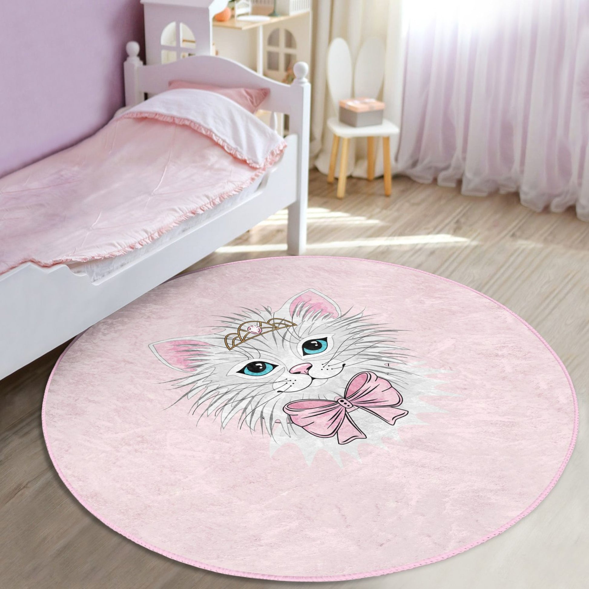 Durable Rug with Pink Cat Pattern