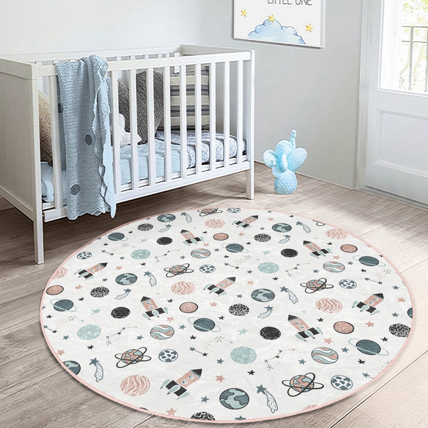 Rug with Whimsical Rocket and Planets Illustrations
