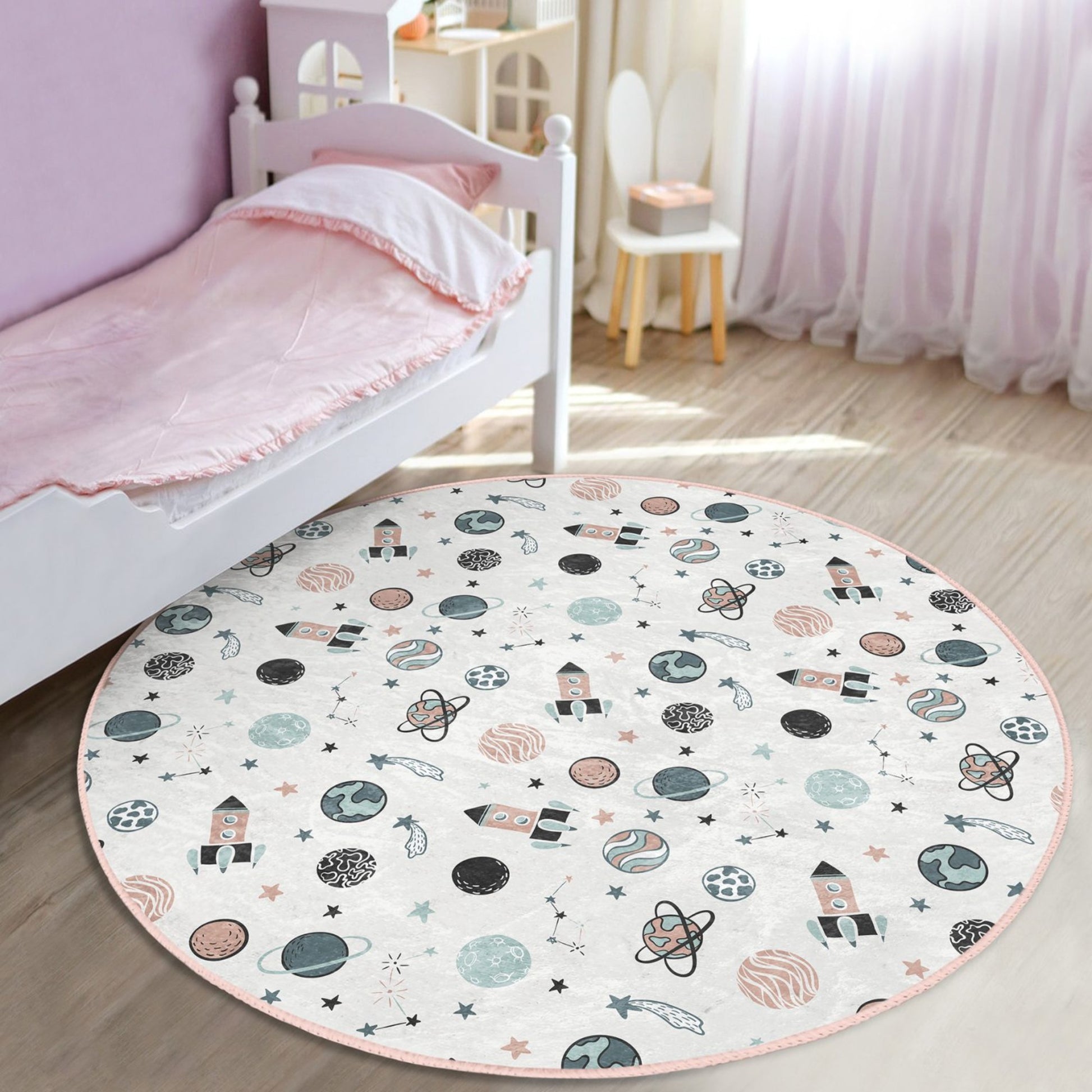 Durable Rug with Space Rocket and Planets Design