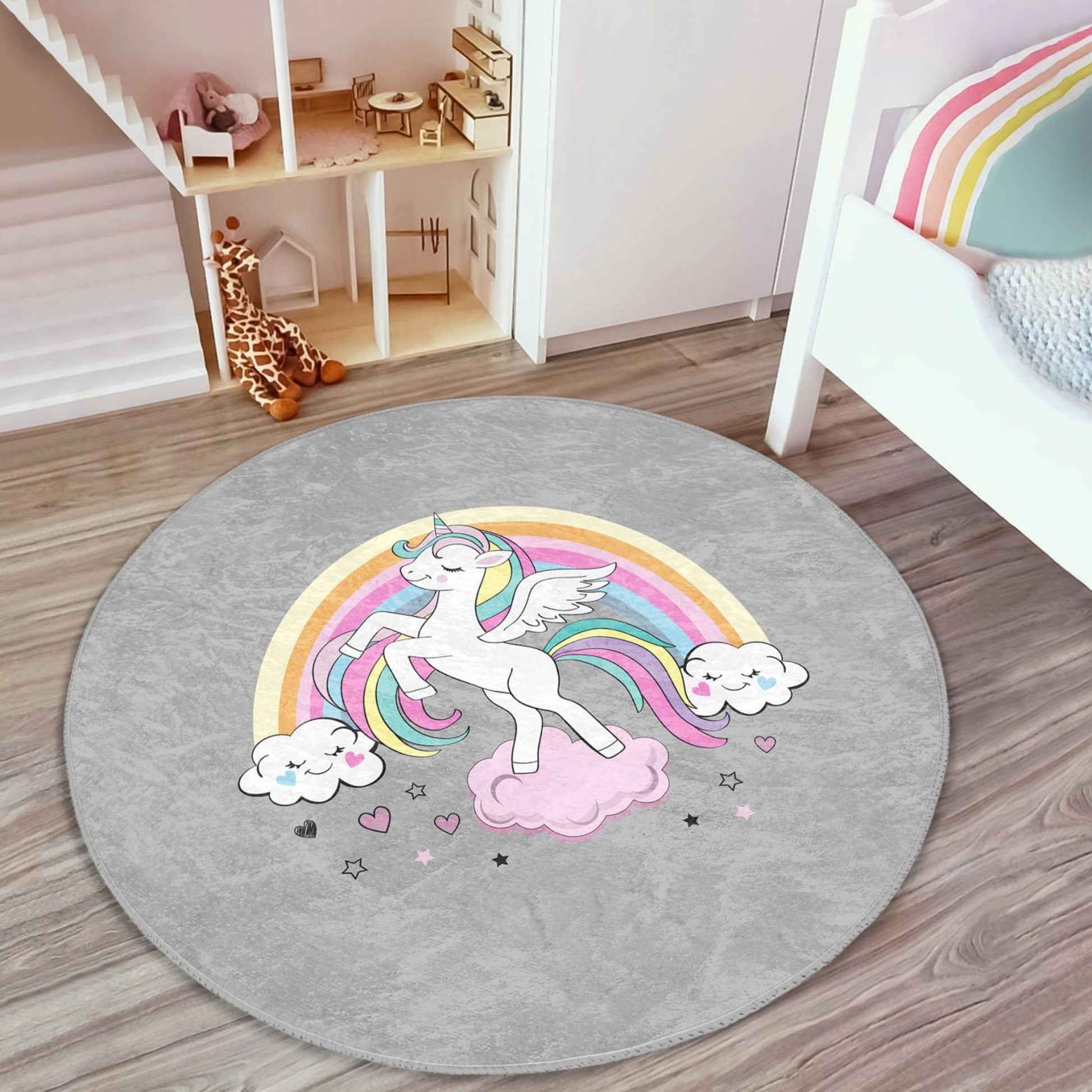 Rug with Playful Unicorn and Rainbow Illustrations