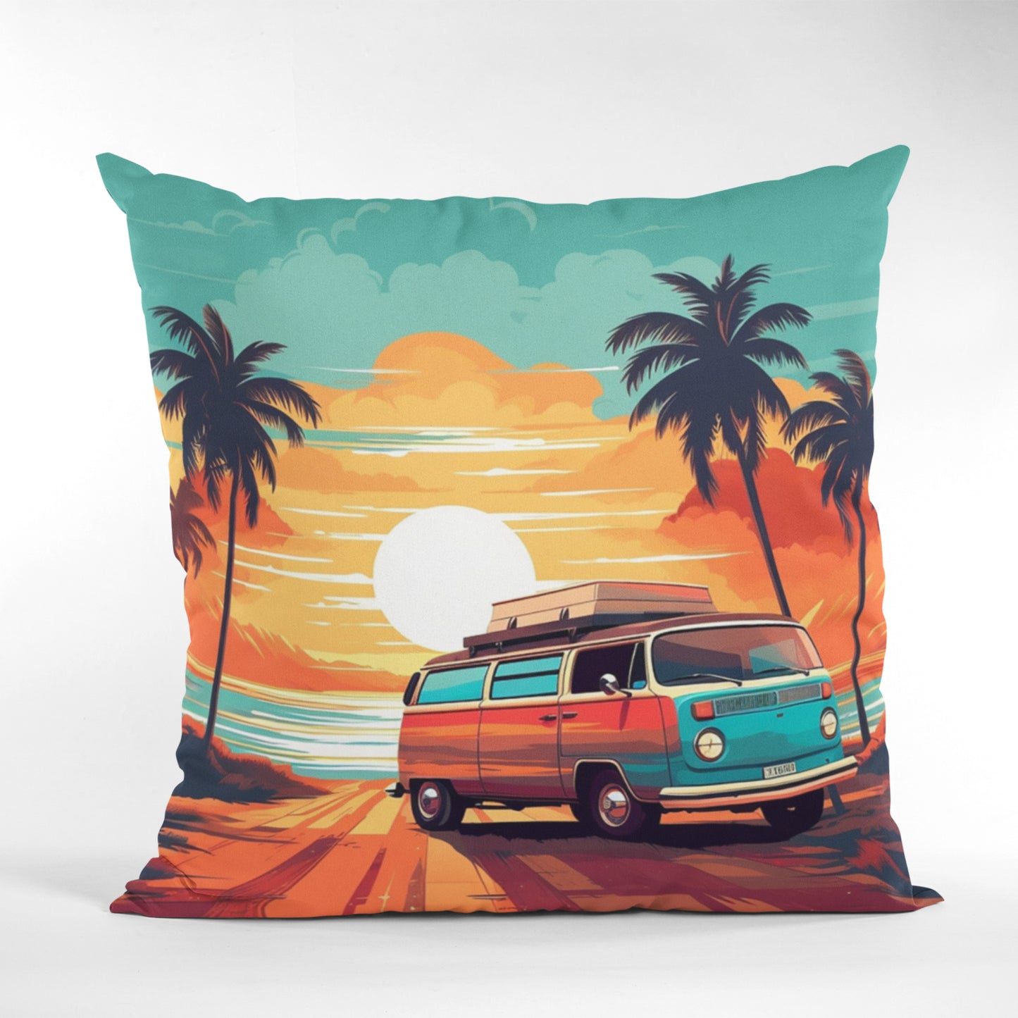Retro Camping Van Throw Pillow, Bohemian Home Decor Cushion Cover by Homeezone