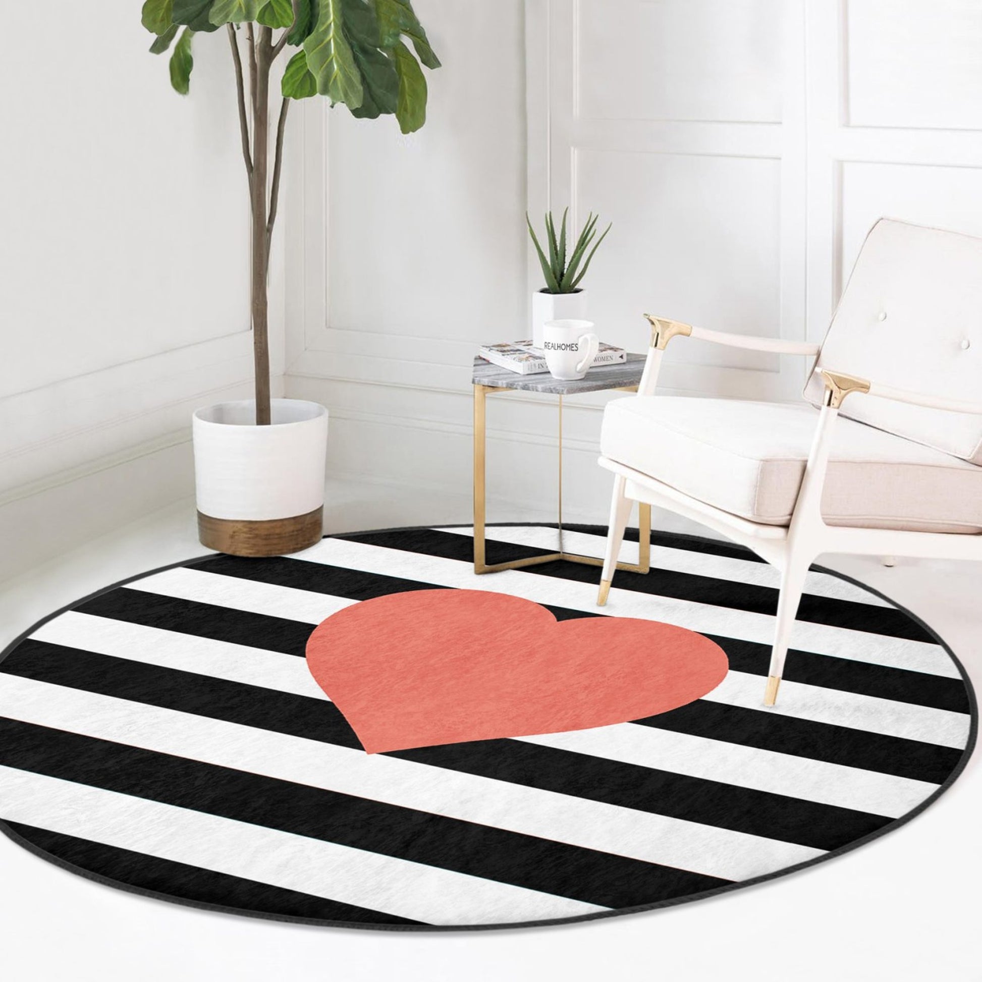 Elegant Black and White Round Rug - Love Pattern Bedroom Decor by Homeezone