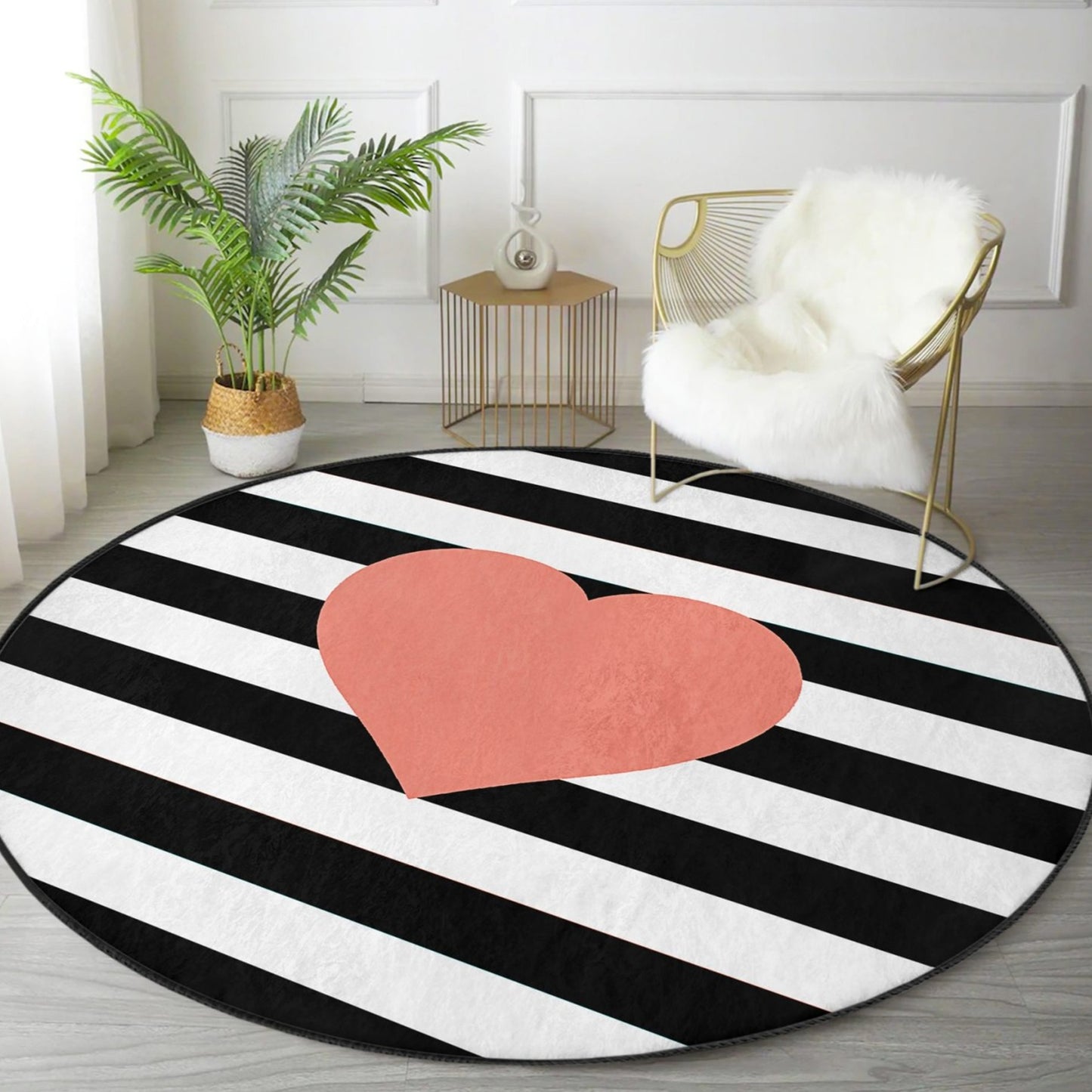 Chic Love Pattern Black and White Bedroom Washable Round Rug by Homeezone