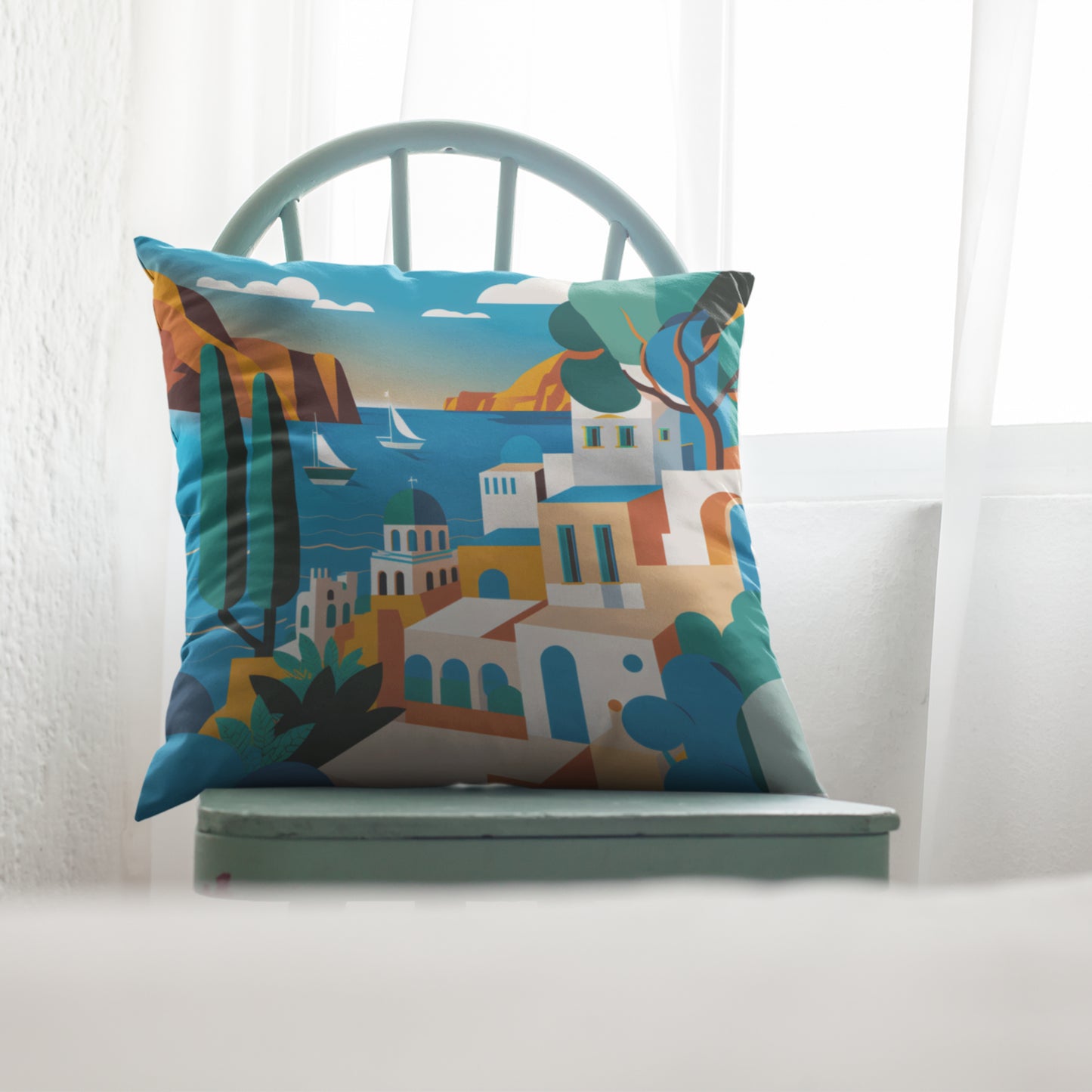 Santorini Greece Pattern Cushion Cover, Greek Island Summer Pillow by Homeezone