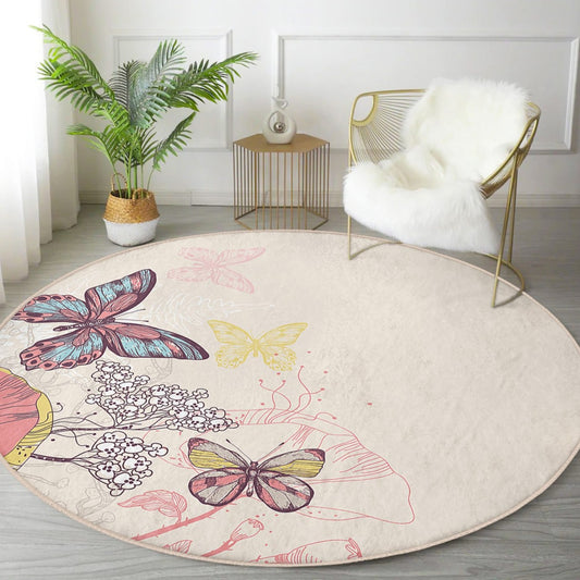 Butterfly Pattern Home Decorative Washable Round Rug by Homeezone