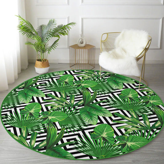 Green Floral Decor Washable Round Rug