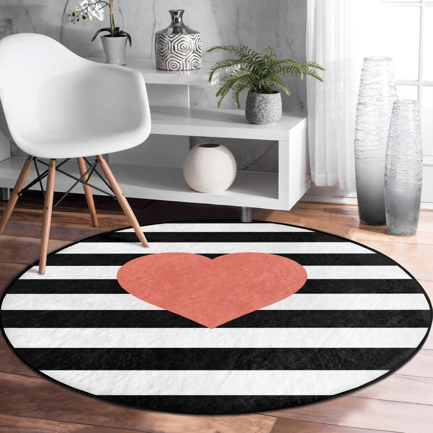 Love Pattern Black and White Washable Round Rug by Homeezone - Cozy Bedroom Decor