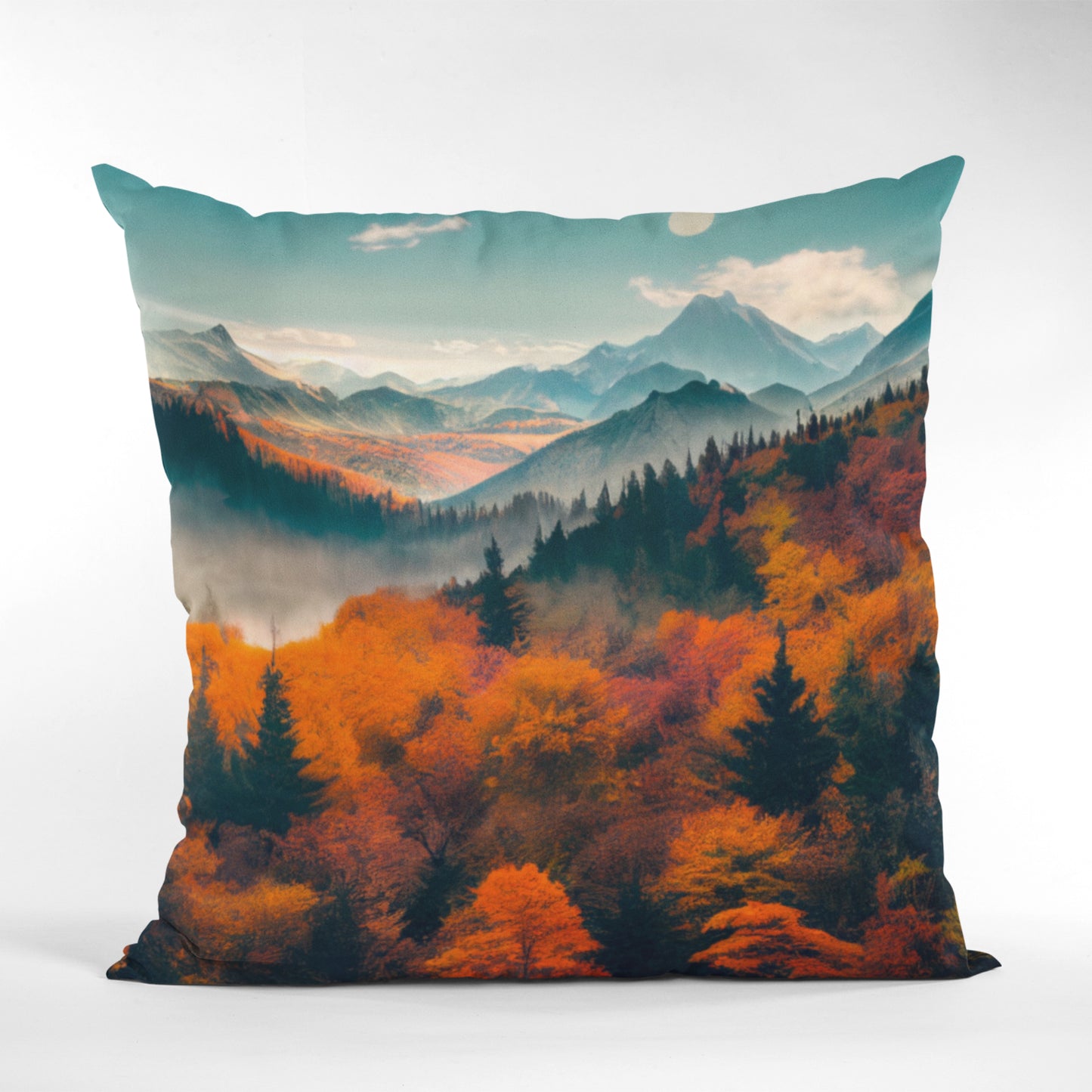 Country House Decor Fall Tree View Cushion Cover, Mountains Pattern Pillow Cover by Homeezone