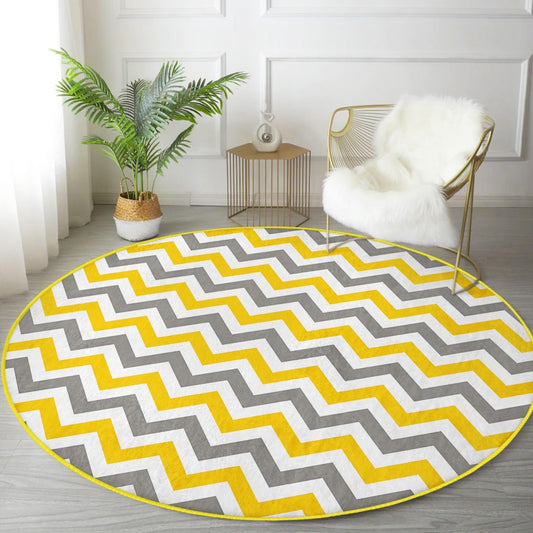 Yellow Grey Zigzag Pattern Washable Round Rug